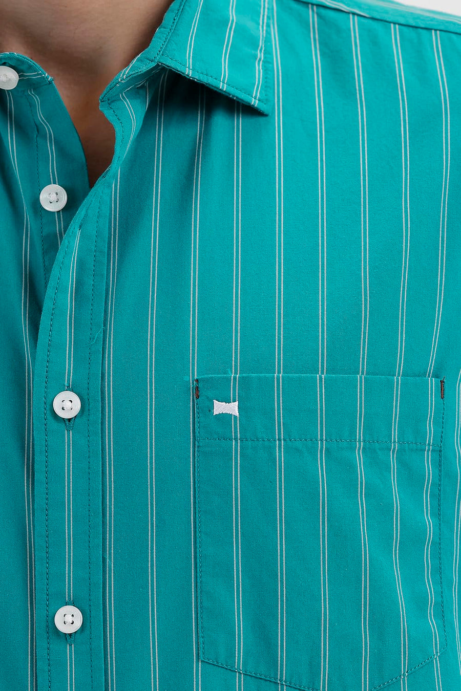 BASICS SLIM FIT HARBOR GREEN COTTON STRIPE HALFSLEEVES SHIRT