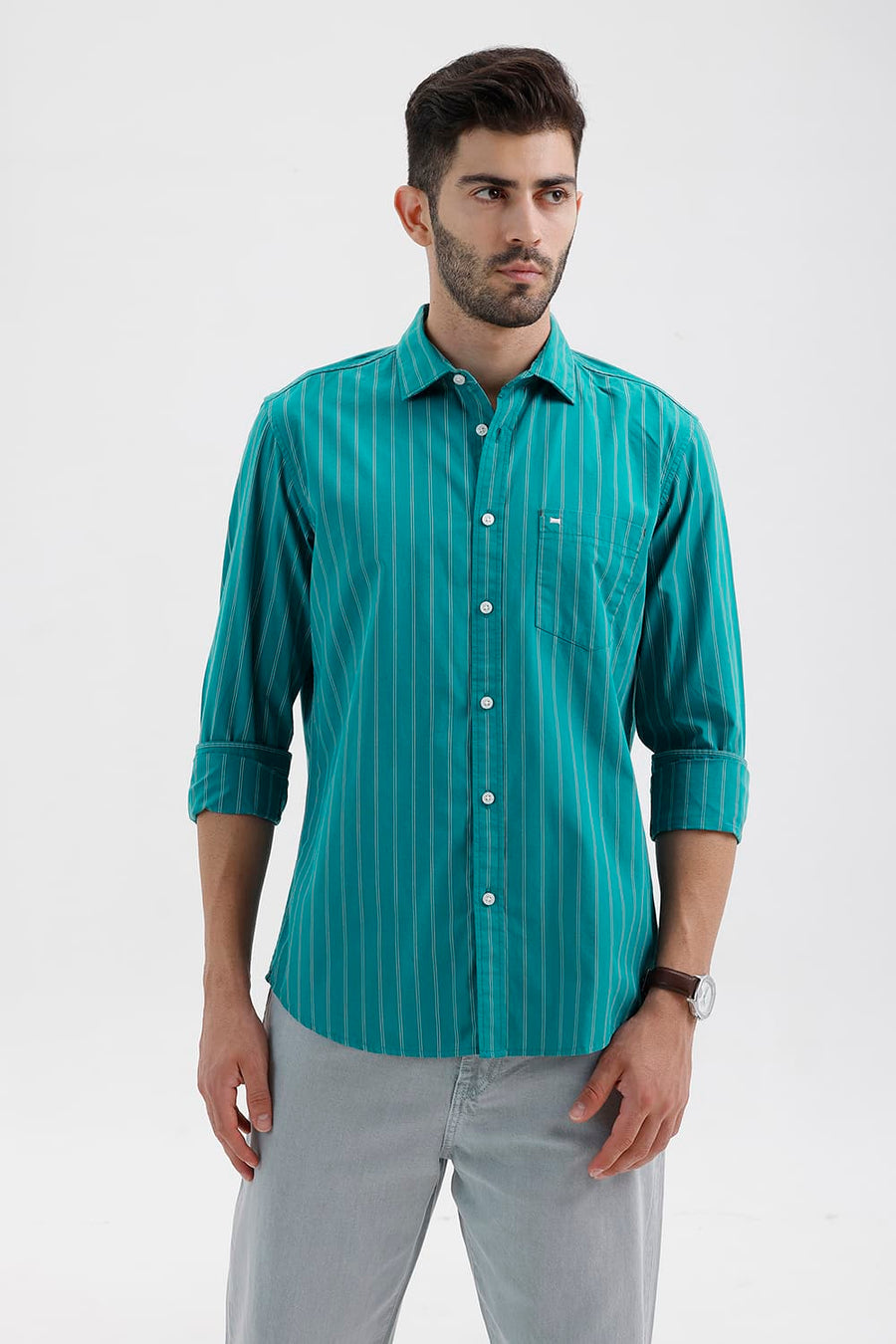 BASICS SLIM FIT HARBOR GREEN COTTON STRIPE SHIRT