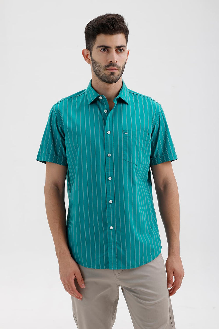 BASICS SLIM FIT HARBOR GREEN COTTON STRIPE HALFSLEEVES SHIRT