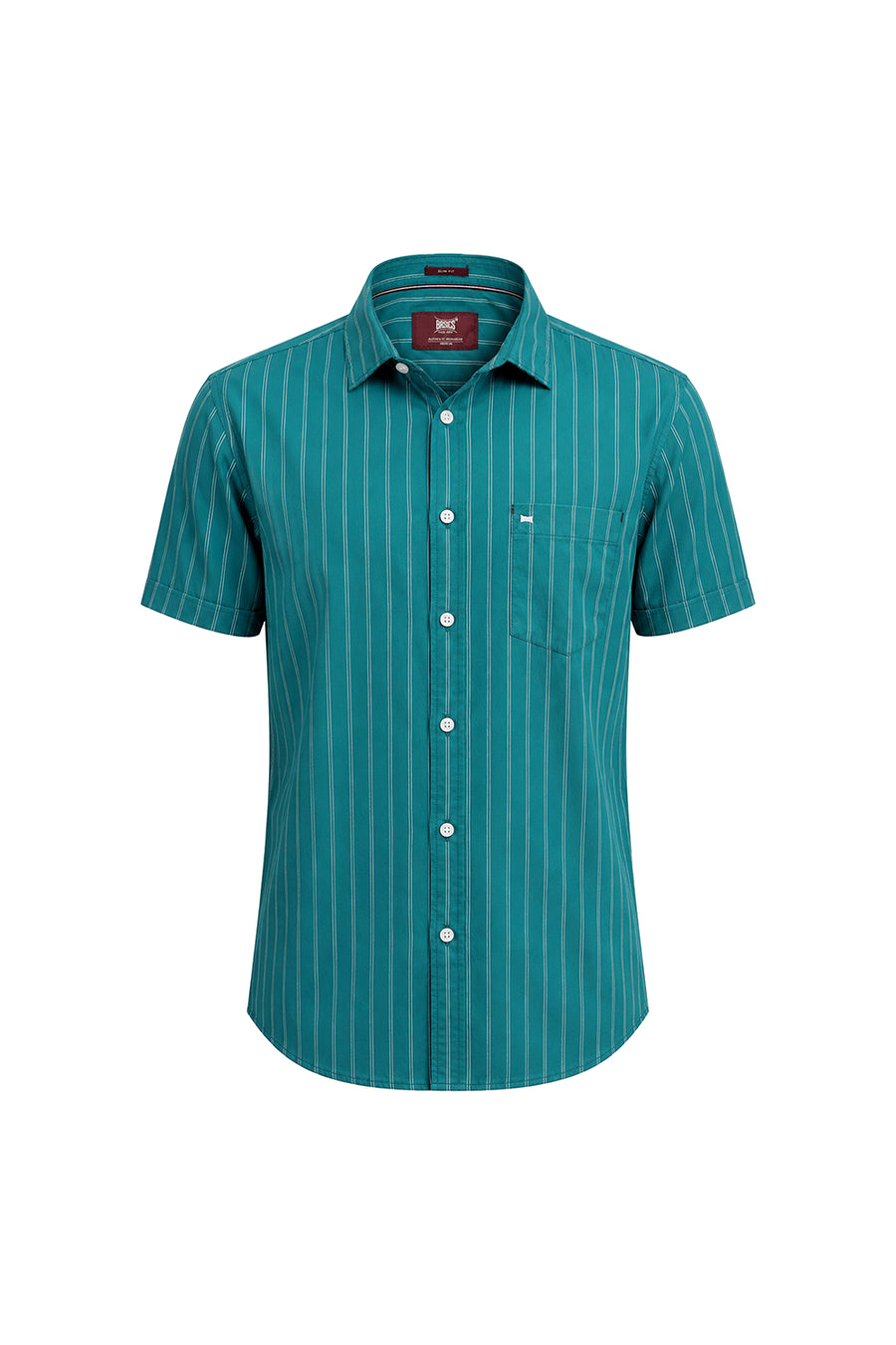 BASICS SLIM FIT HARBOR GREEN COTTON STRIPE HALFSLEEVES SHIRT