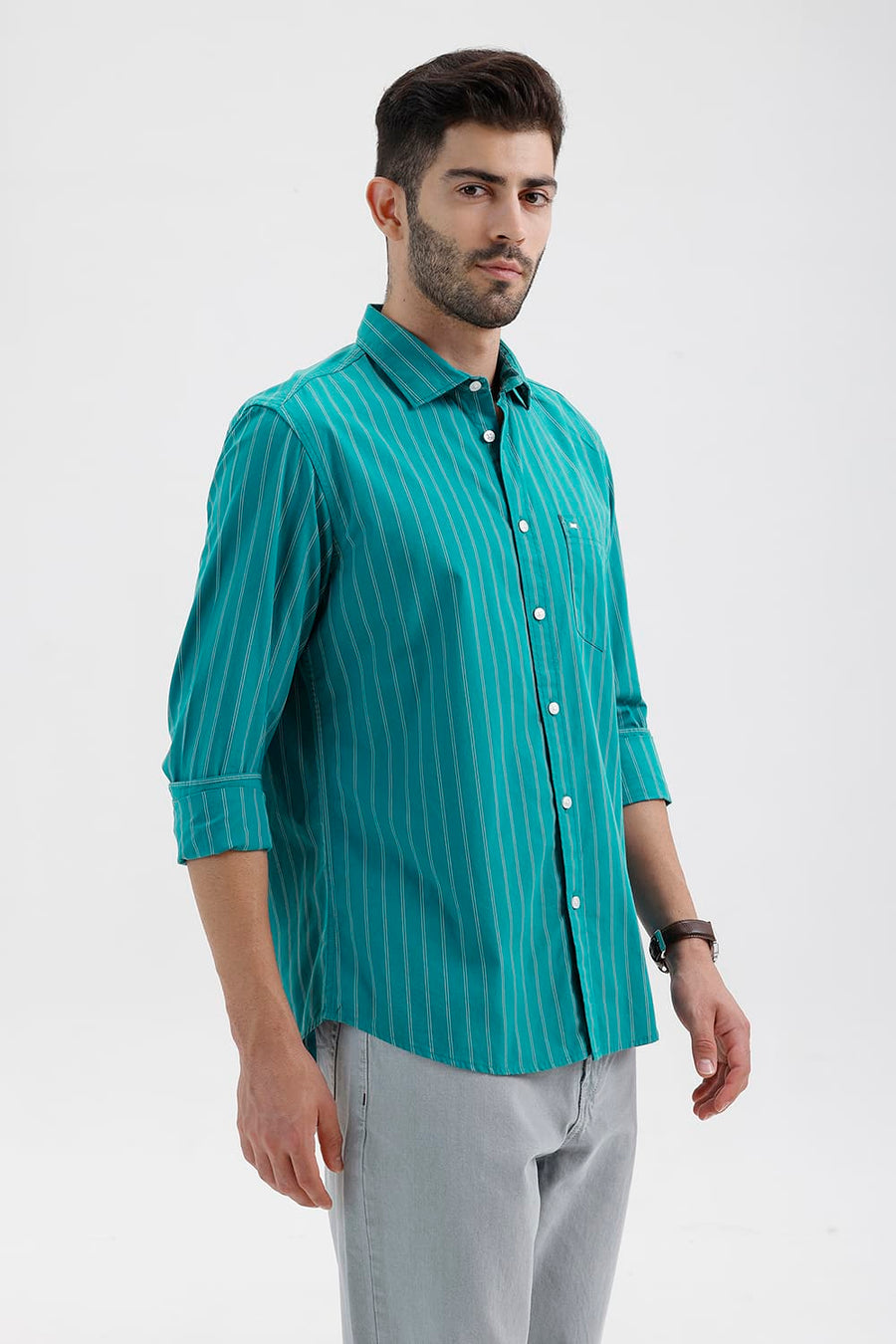 BASICS SLIM FIT HARBOR GREEN COTTON STRIPE SHIRT