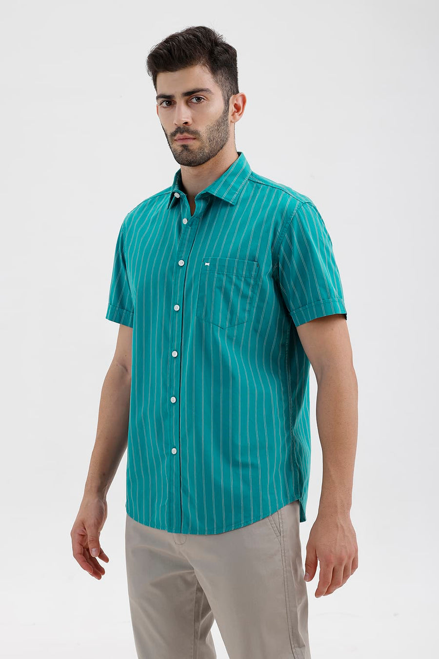 BASICS SLIM FIT HARBOR GREEN COTTON STRIPE HALFSLEEVES SHIRT
