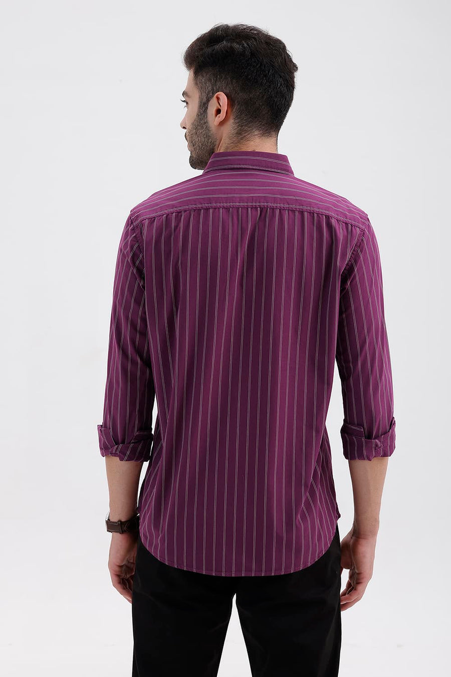 BASICS SLIM FIT DARK PURPLE COTTON STRIPE SHIRT