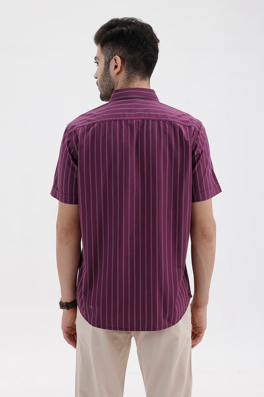 BASICS SLIM FIT DARK PURPLE COTTON STRIPE HALFSLEEVES SHIRT