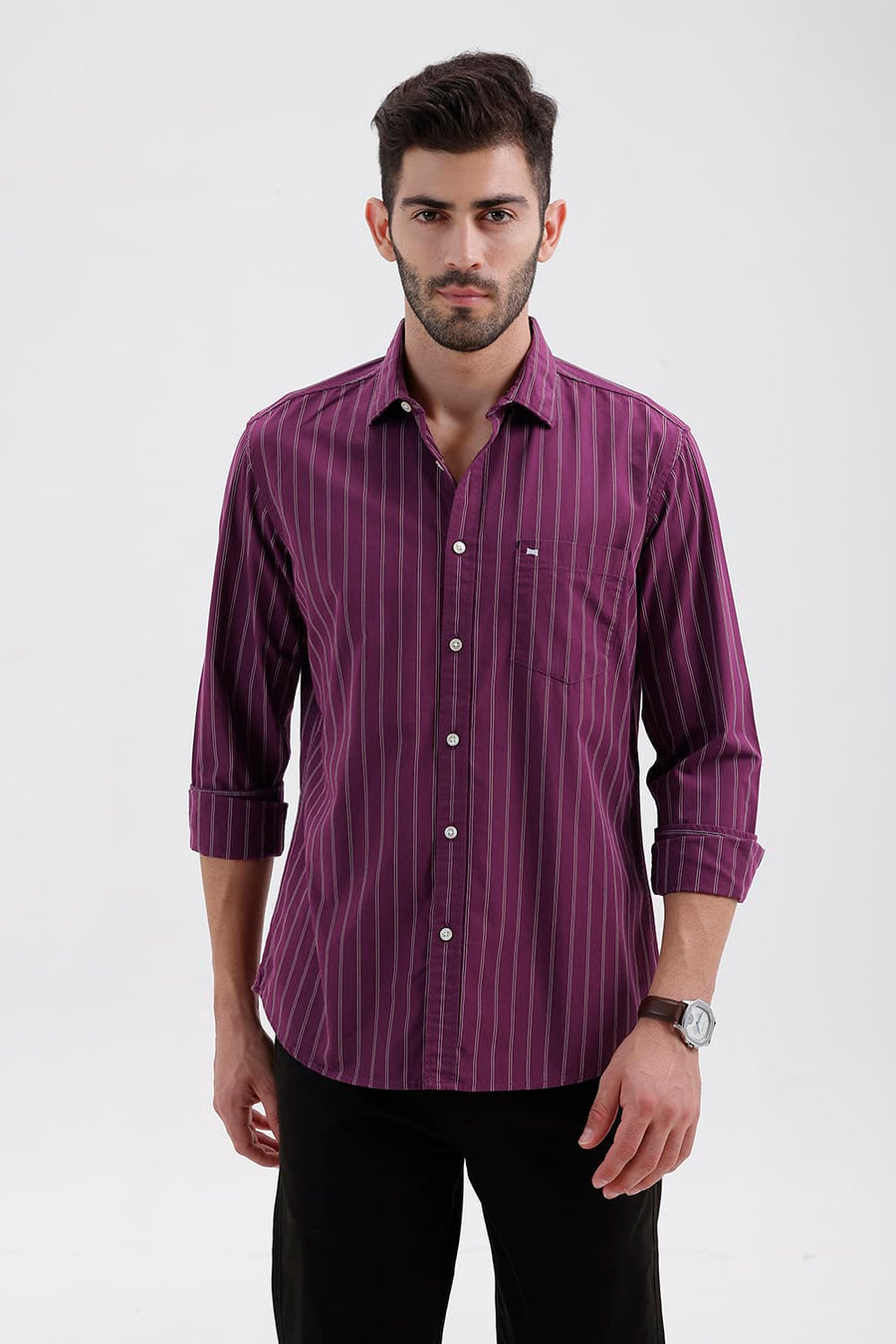 BASICS SLIM FIT DARK PURPLE COTTON STRIPE SHIRT