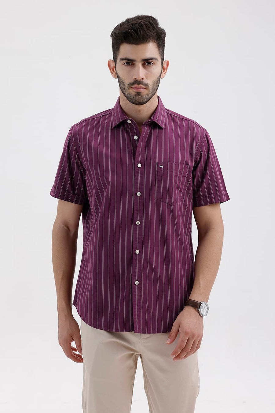 BASICS SLIM FIT DARK PURPLE COTTON STRIPE HALFSLEEVES SHIRT