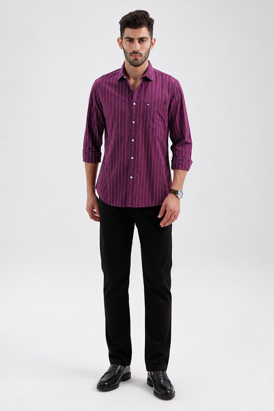 BASICS SLIM FIT DARK PURPLE COTTON STRIPE SHIRT
