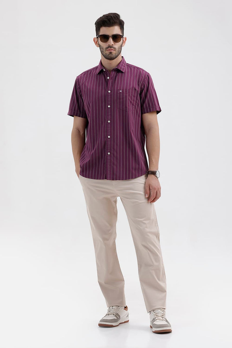 BASICS SLIM FIT DARK PURPLE COTTON STRIPE HALFSLEEVES SHIRT