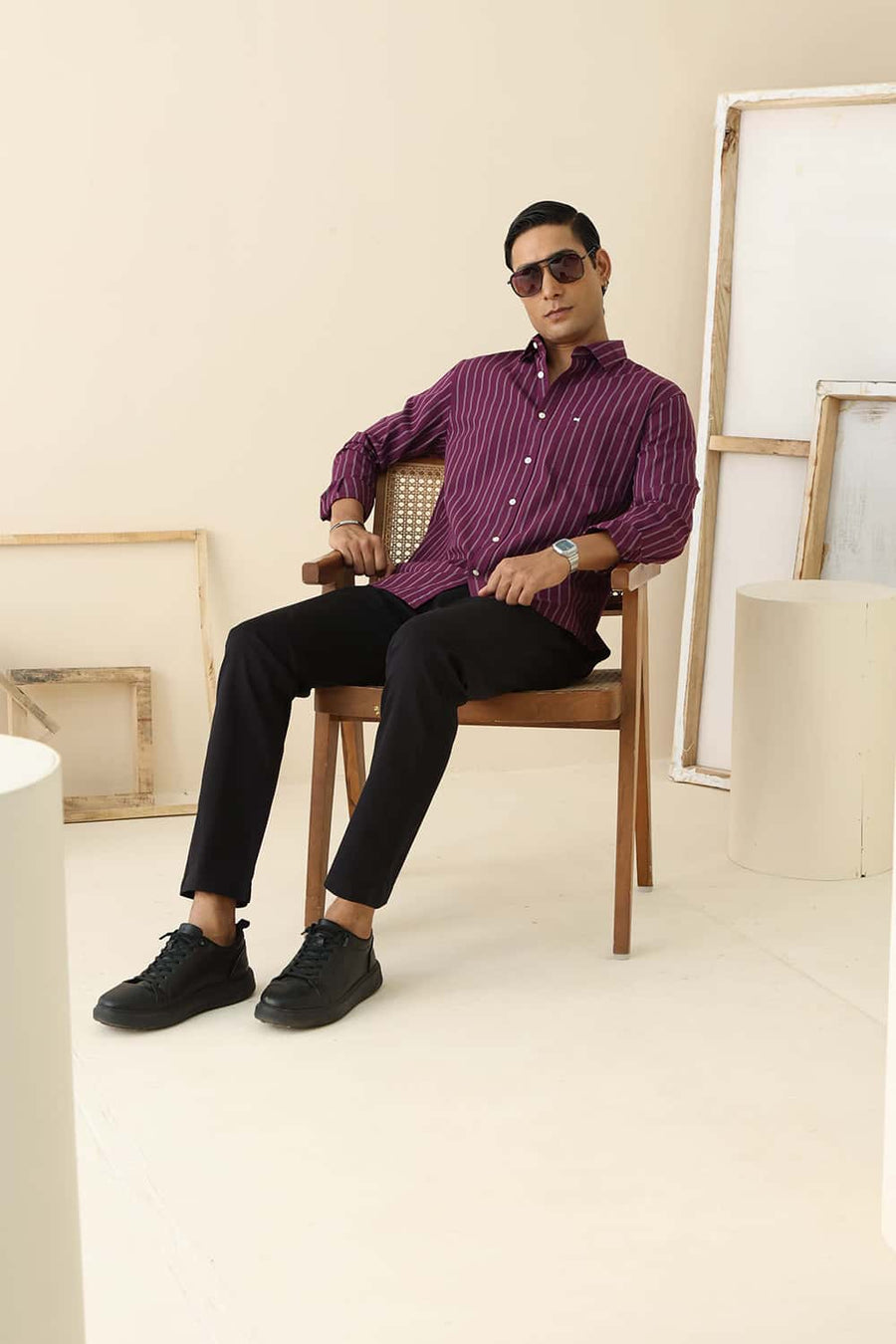 Basics Slim Fit Dark Purple Cotton Stripe Shirt