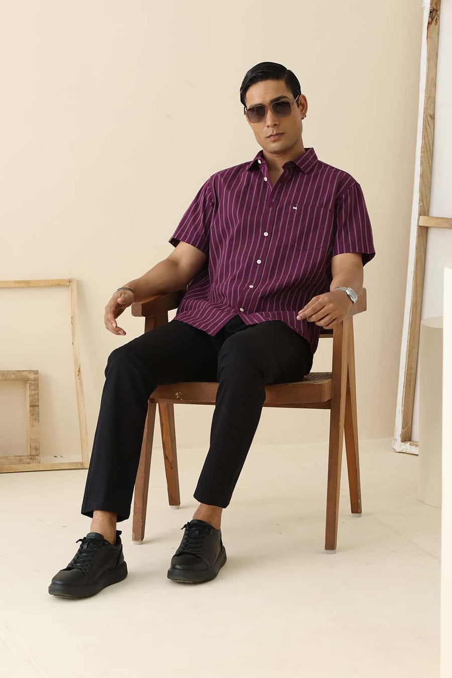 Basics Slim Fit Dark Purple Cotton Stripe Halfsleeves Shirt