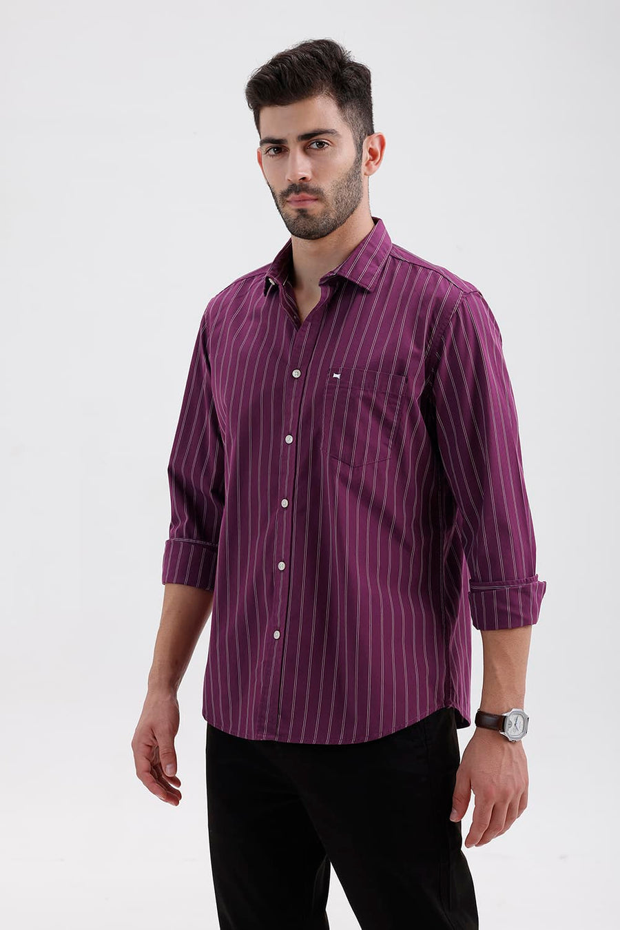 BASICS SLIM FIT DARK PURPLE COTTON STRIPE SHIRT