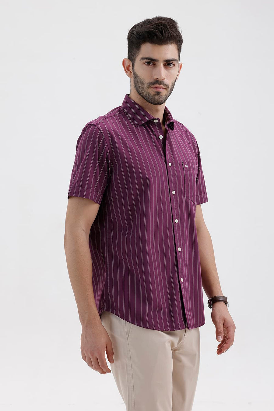 BASICS SLIM FIT DARK PURPLE COTTON STRIPE HALFSLEEVES SHIRT