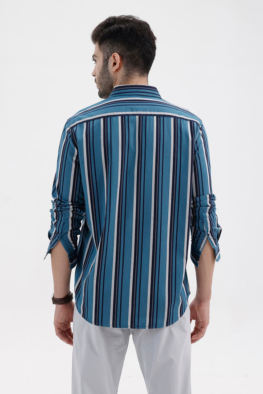 BASICS SLIM FIT LARKSPUR BLUE COTTON HERRING BONE STRIPE SHIRT