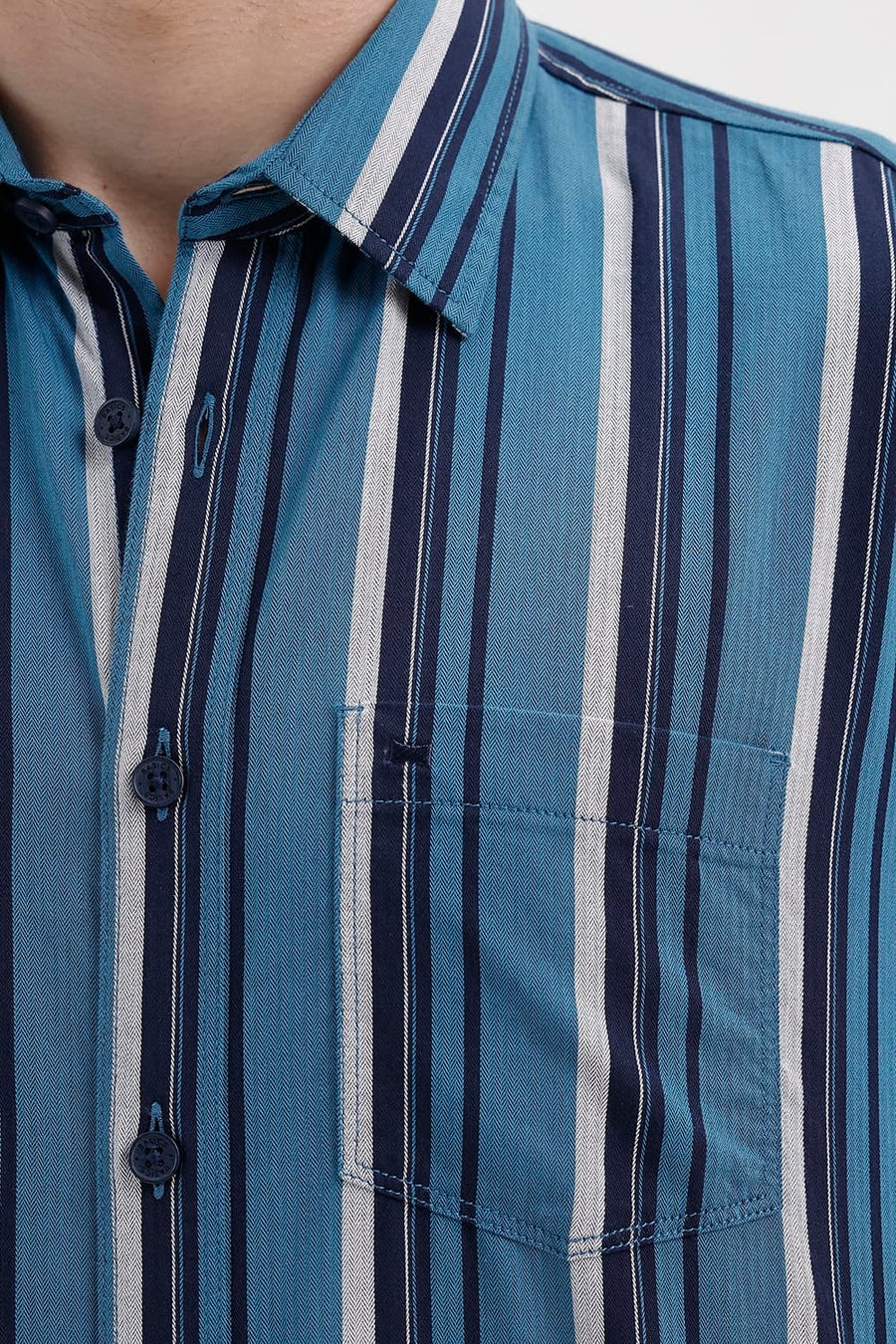 BASICS SLIM FIT LARKSPUR BLUE COTTON HERRING BONE STRIPE SHIRT