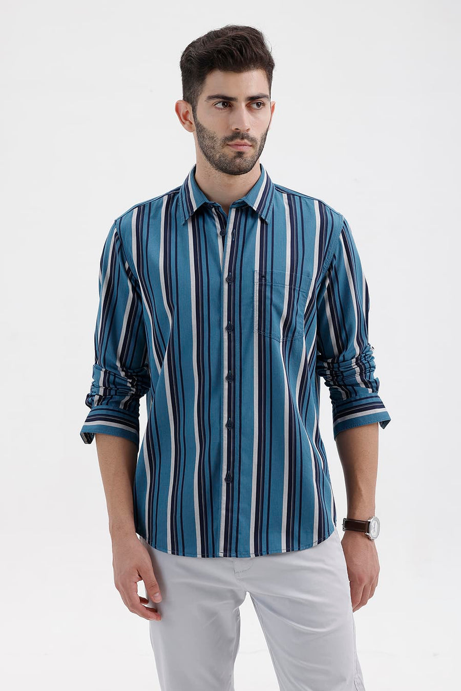 BASICS SLIM FIT LARKSPUR BLUE COTTON HERRING BONE STRIPE SHIRT