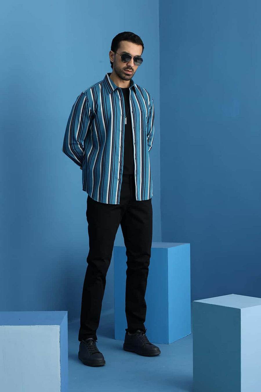 Basics Slim Fit Larkspur Blue Cotton Herring Bone Stripe Shirt