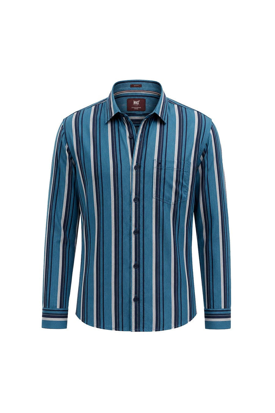 BASICS SLIM FIT LARKSPUR BLUE COTTON HERRING BONE STRIPE SHIRT