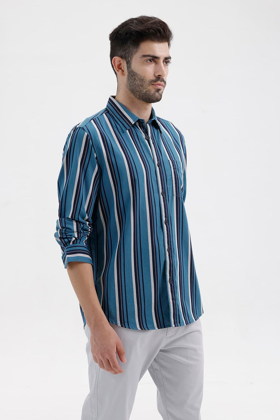 BASICS SLIM FIT LARKSPUR BLUE COTTON HERRING BONE STRIPE SHIRT