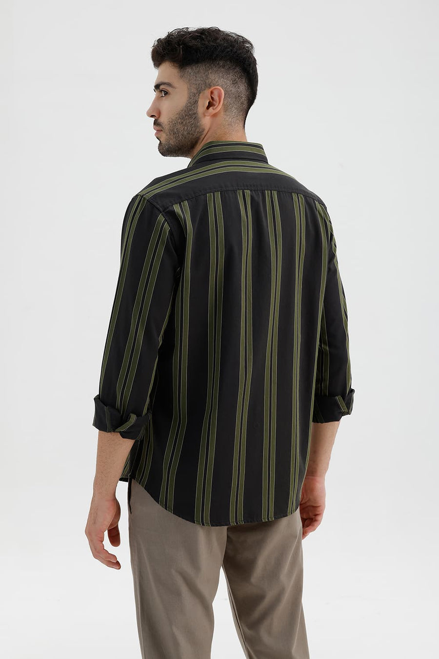 BASICS SLIM FIT PEAT GREEN COTTON TWILL STRIPE SHIRT
