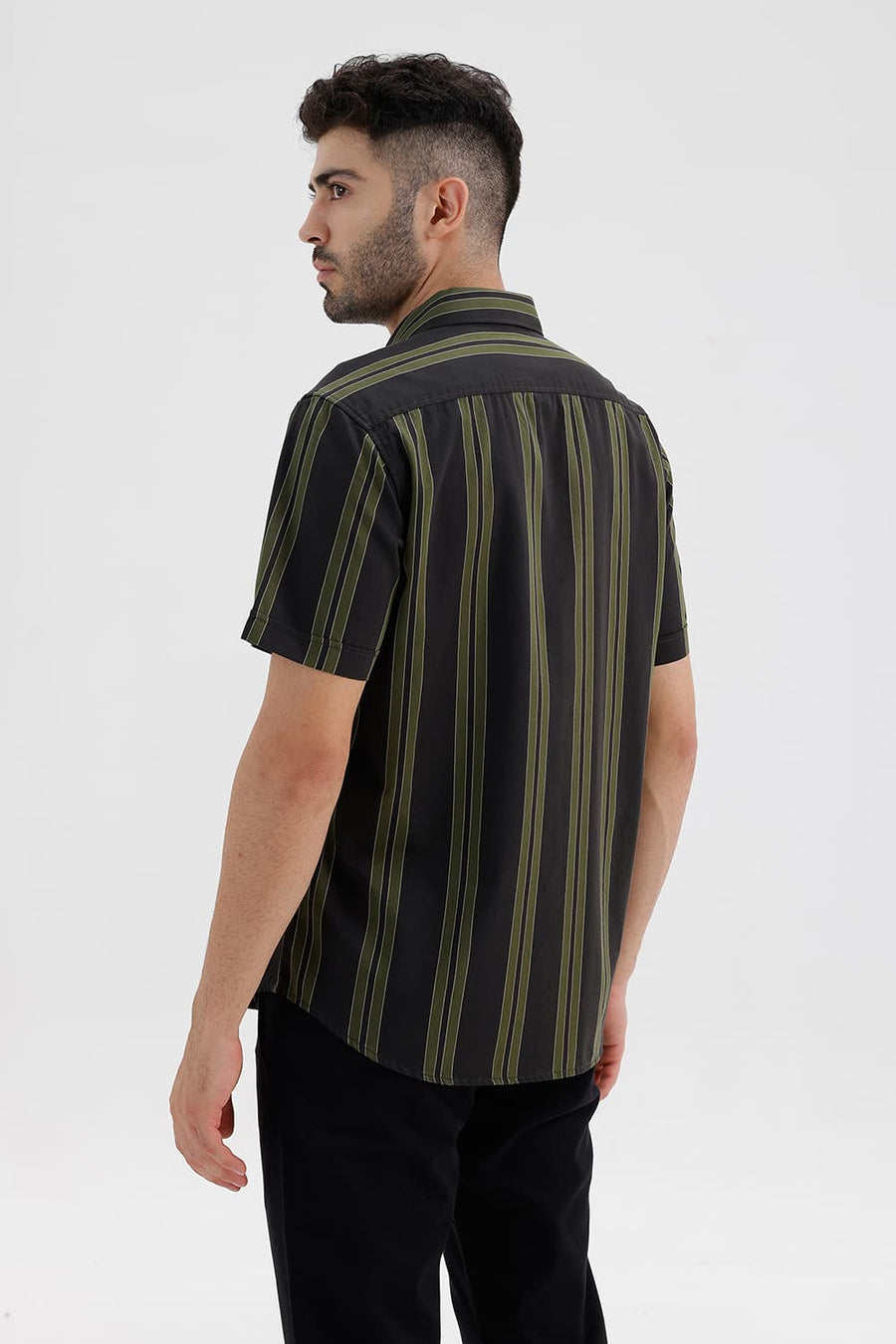 BASICS SLIM FIT PEAT GREEN COTTON TWILL STRIPE HALFSLEEVES SHIRT