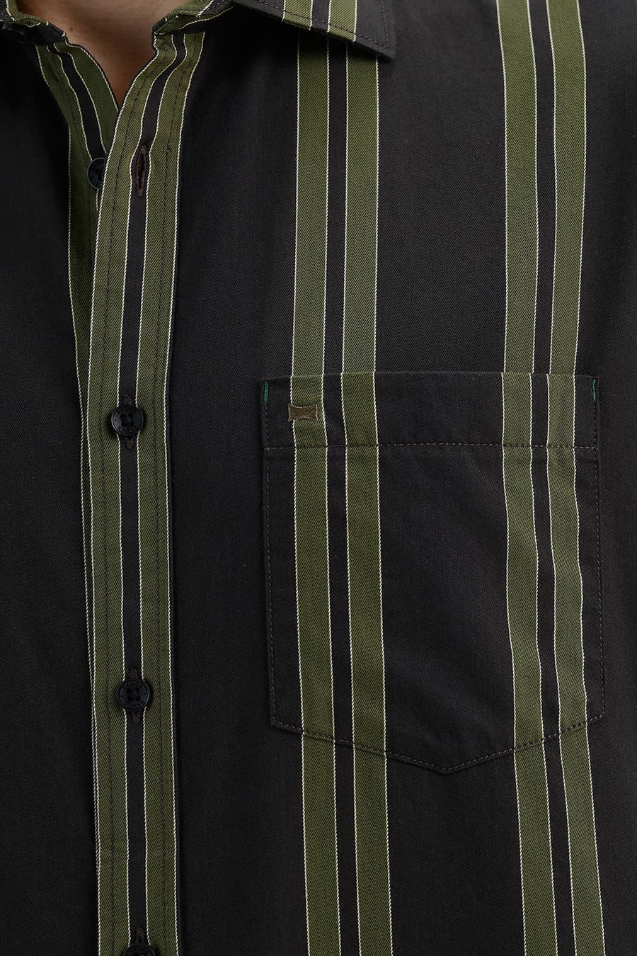 BASICS SLIM FIT PEAT GREEN COTTON TWILL STRIPE SHIRT
