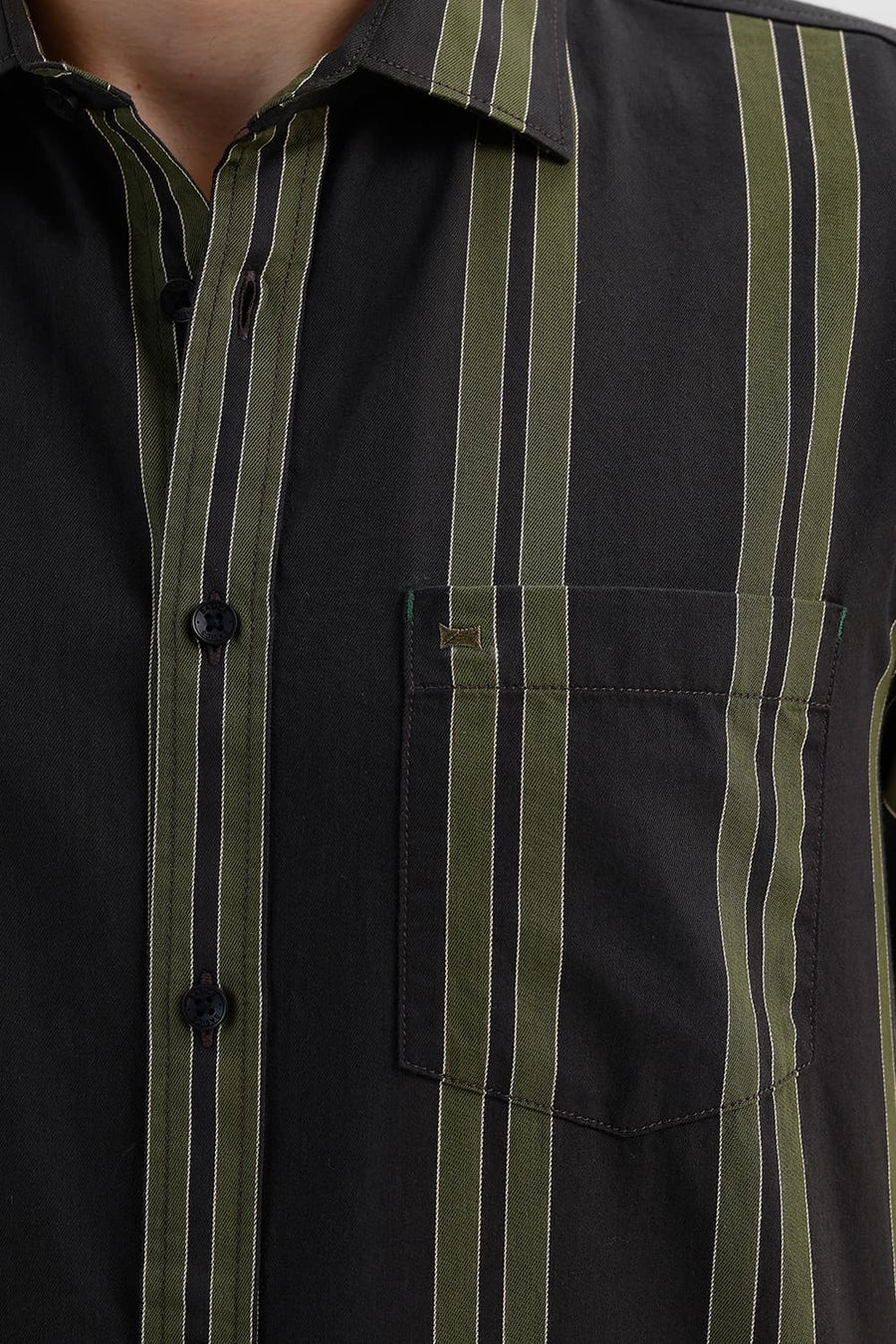 BASICS SLIM FIT PEAT GREEN COTTON TWILL STRIPE HALFSLEEVES SHIRT
