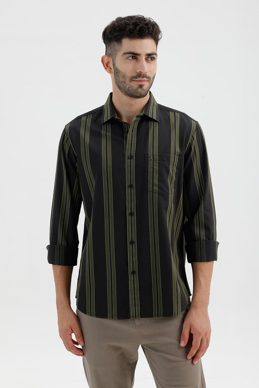 BASICS SLIM FIT PEAT GREEN COTTON TWILL STRIPE SHIRT