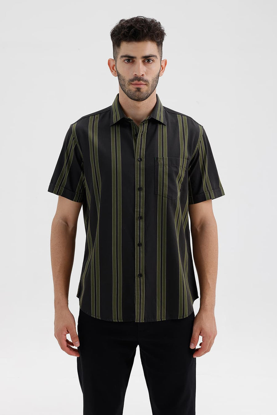 BASICS SLIM FIT PEAT GREEN COTTON TWILL STRIPE HALFSLEEVES SHIRT