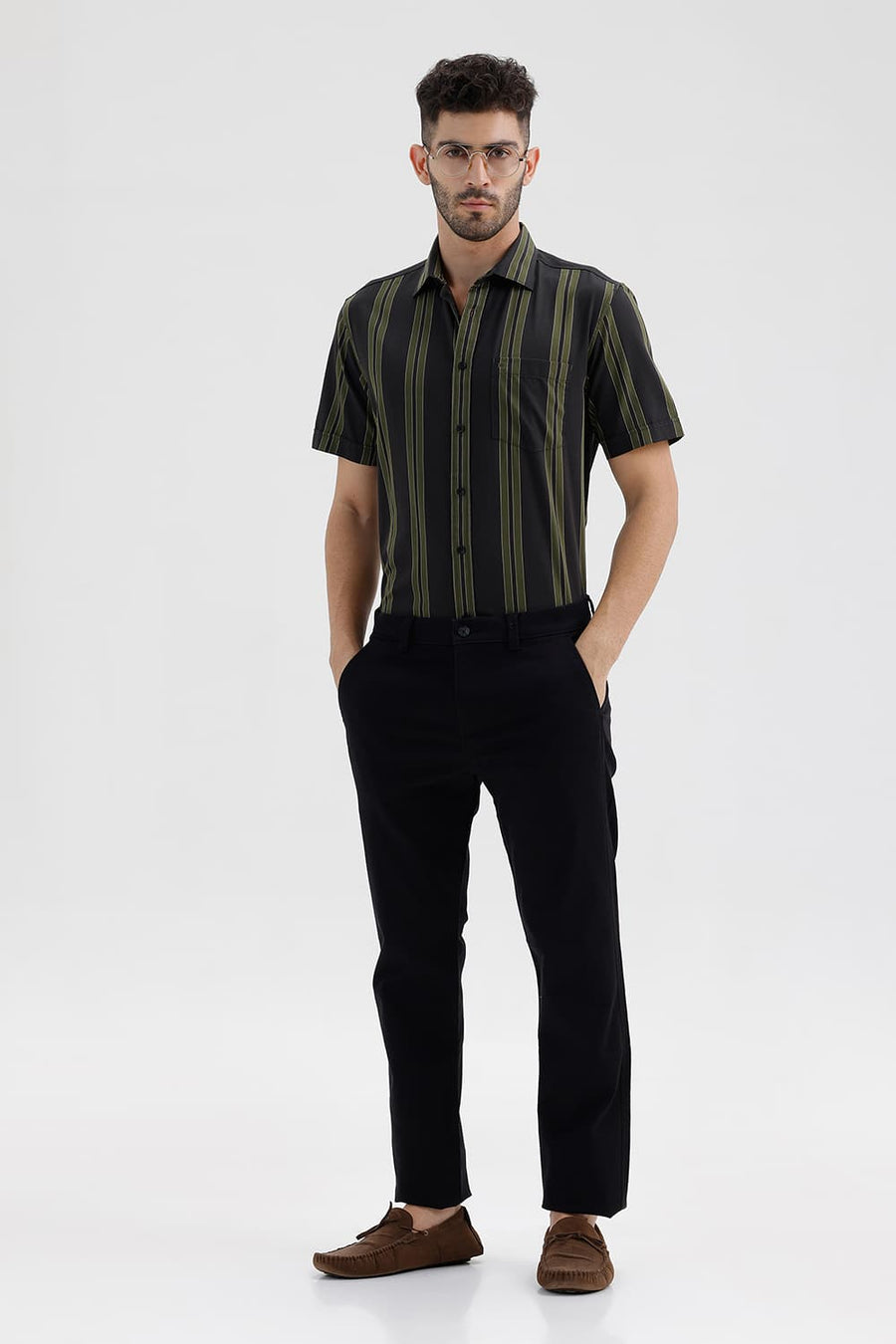BASICS SLIM FIT PEAT GREEN COTTON TWILL STRIPE HALFSLEEVES SHIRT