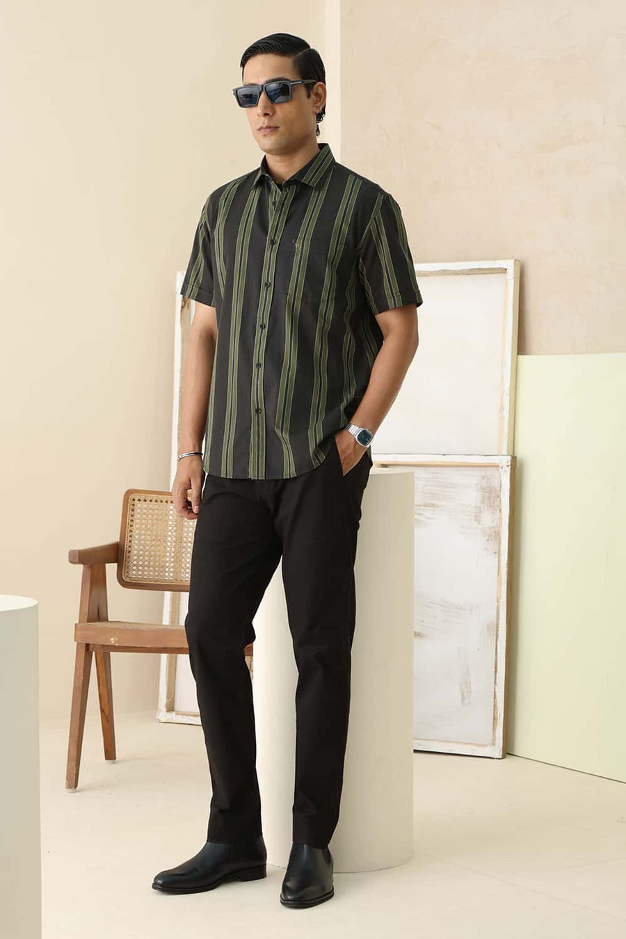 Basics Slim Fit Peat Green Cotton Twill Stripe Halfsleeves Shirt
