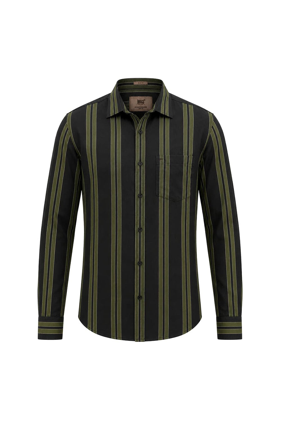 BASICS SLIM FIT PEAT GREEN COTTON TWILL STRIPE SHIRT