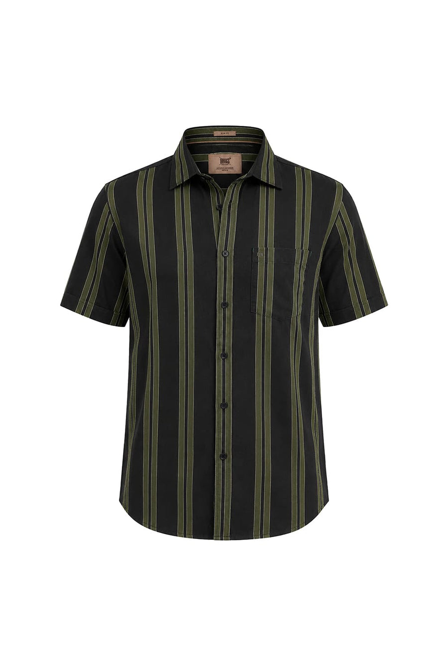 BASICS SLIM FIT PEAT GREEN COTTON TWILL STRIPE HALFSLEEVES SHIRT