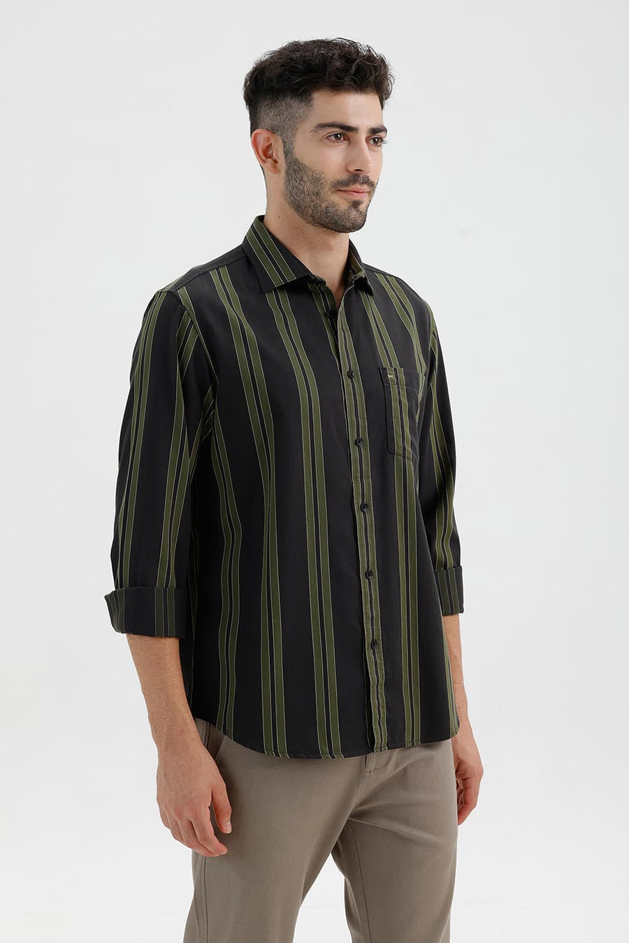 BASICS SLIM FIT PEAT GREEN COTTON TWILL STRIPE SHIRT