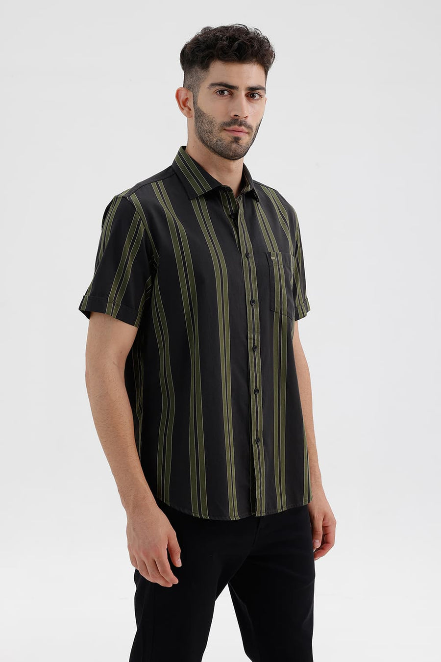 BASICS SLIM FIT PEAT GREEN COTTON TWILL STRIPE HALFSLEEVES SHIRT