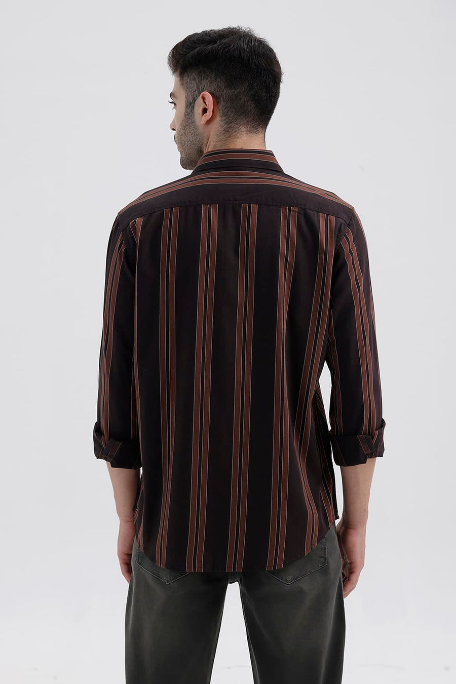 BASICS SLIM FIT MULCH BROWN COTTON TWILL STRIPE SHIRT