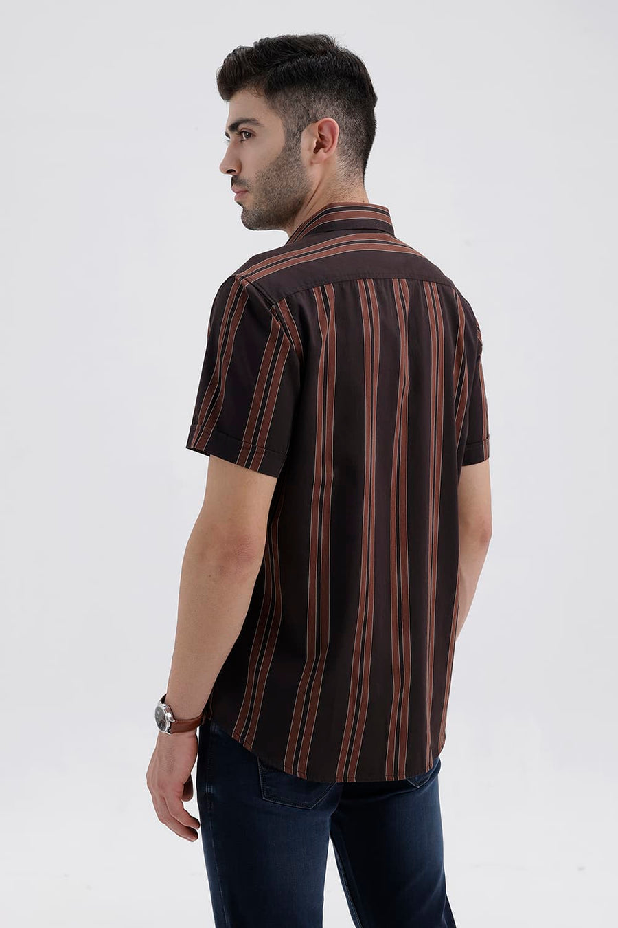 BASICS SLIM FIT MULCH BROWN COTTON TWILL STRIPE HALFSLEEVES SHIRT
