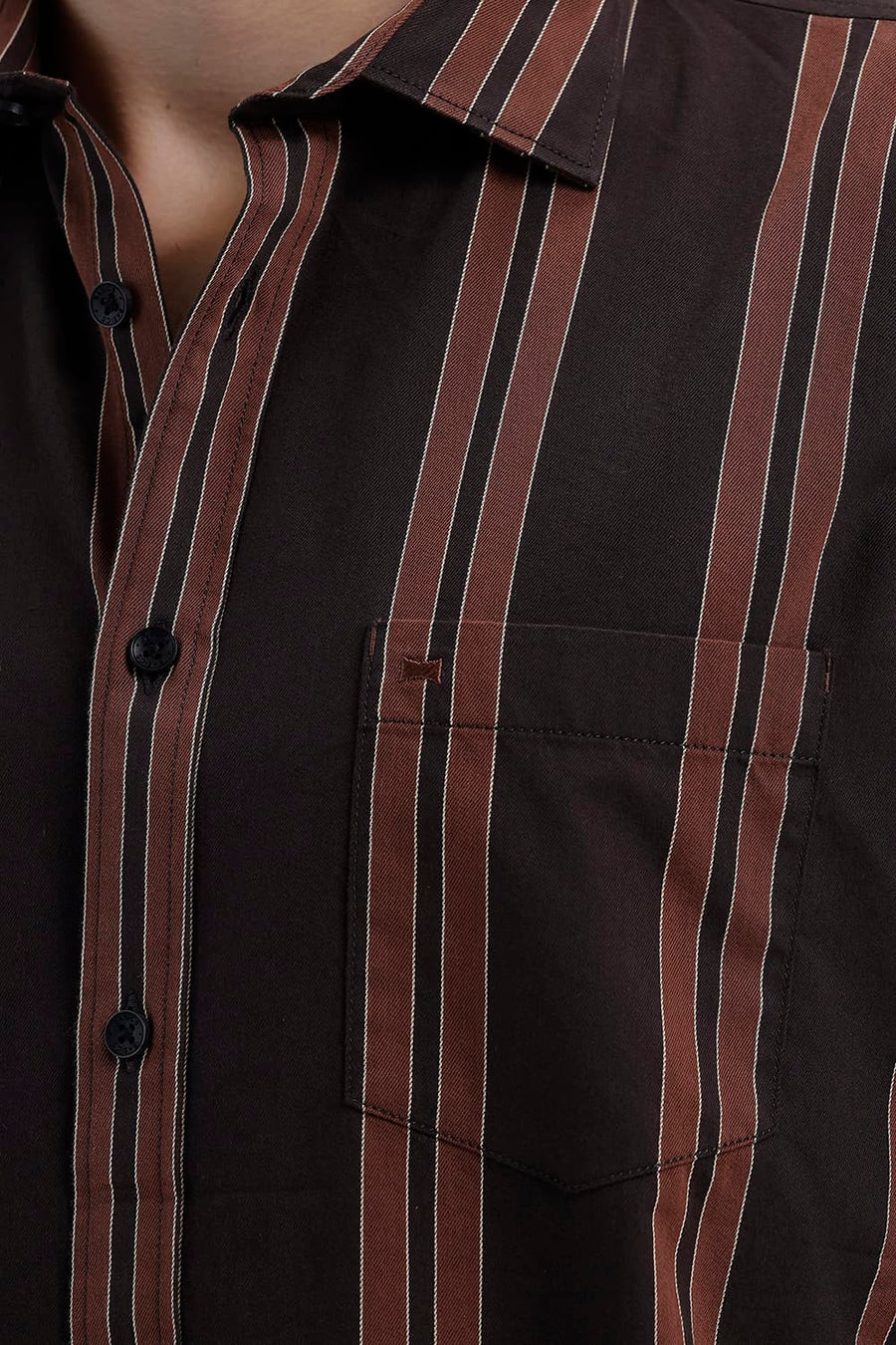 BASICS SLIM FIT MULCH BROWN COTTON TWILL STRIPE SHIRT