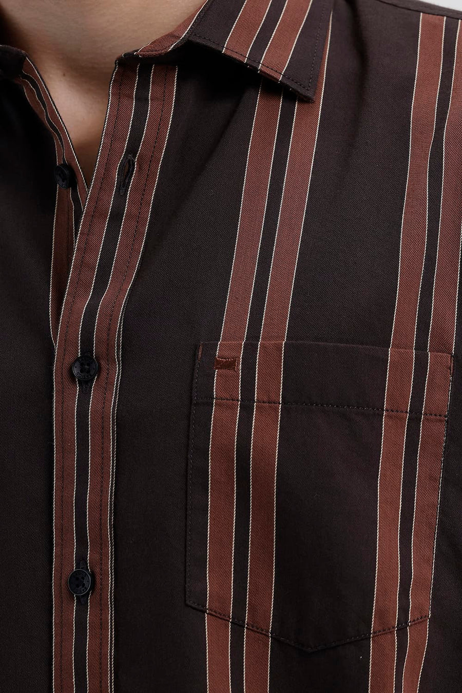 BASICS SLIM FIT MULCH BROWN COTTON TWILL STRIPE HALFSLEEVES SHIRT
