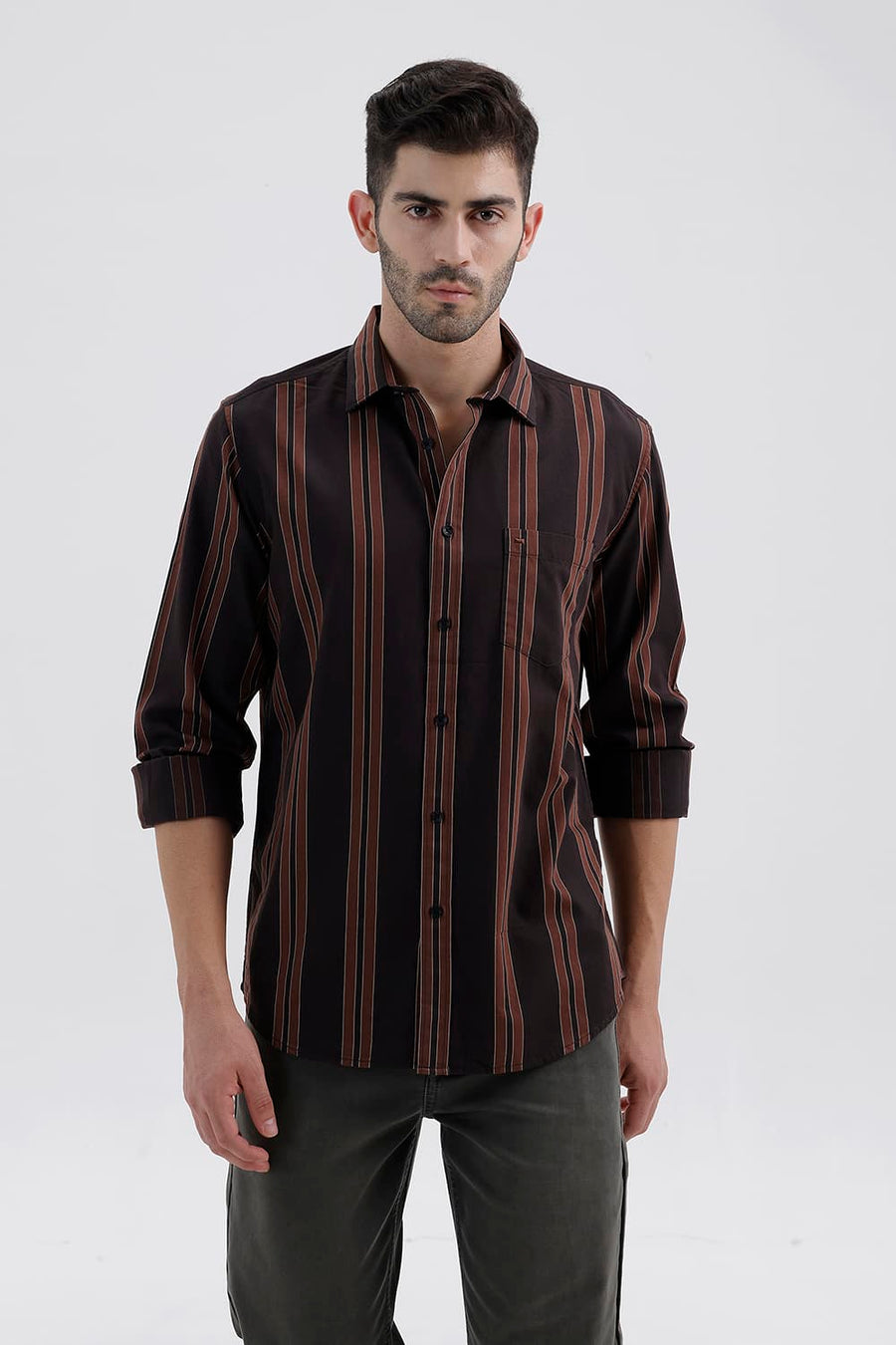 BASICS SLIM FIT MULCH BROWN COTTON TWILL STRIPE SHIRT