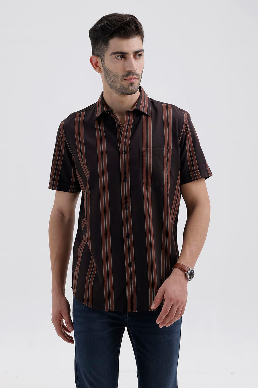 BASICS SLIM FIT MULCH BROWN COTTON TWILL STRIPE HALFSLEEVES SHIRT