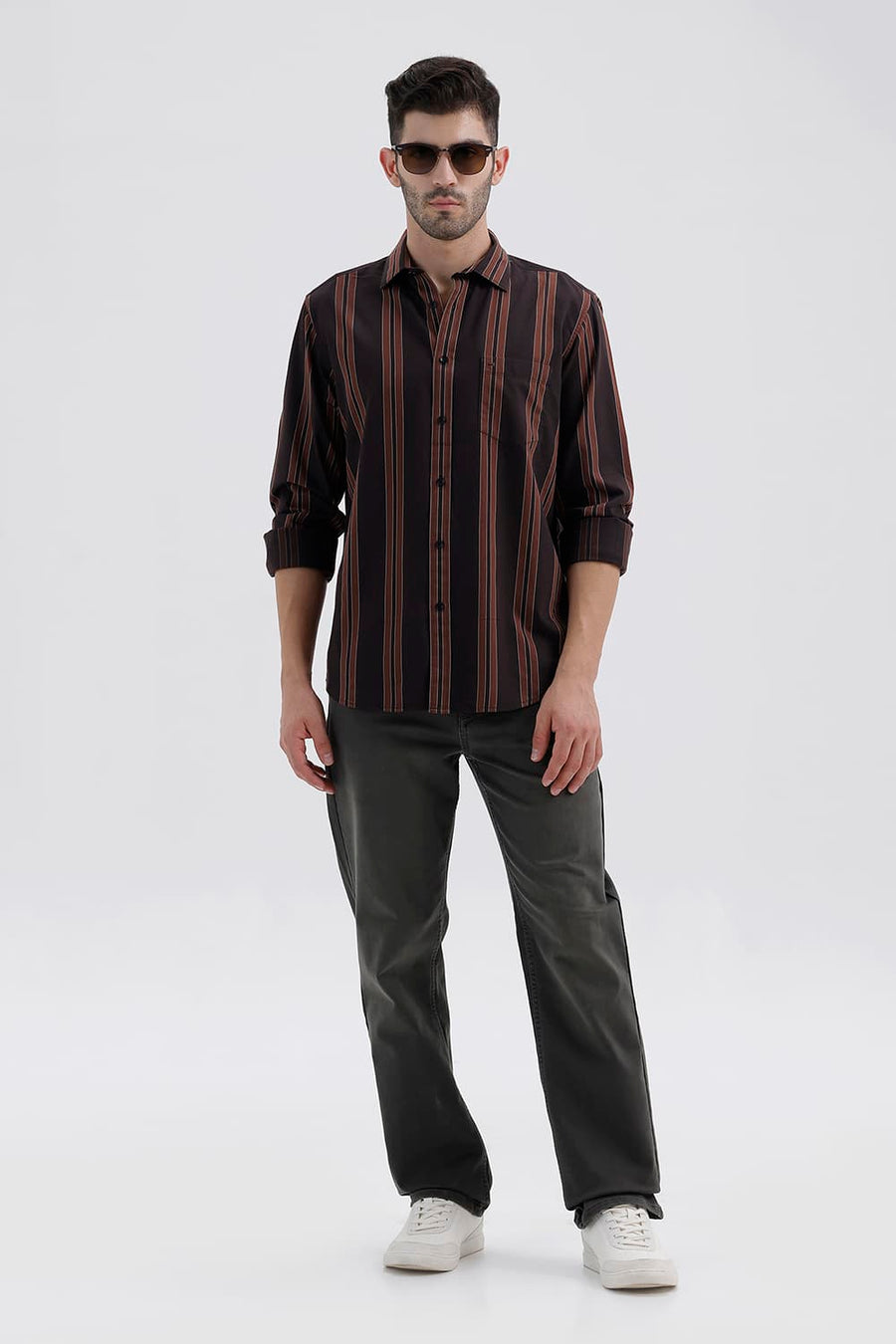 BASICS SLIM FIT MULCH BROWN COTTON TWILL STRIPE SHIRT