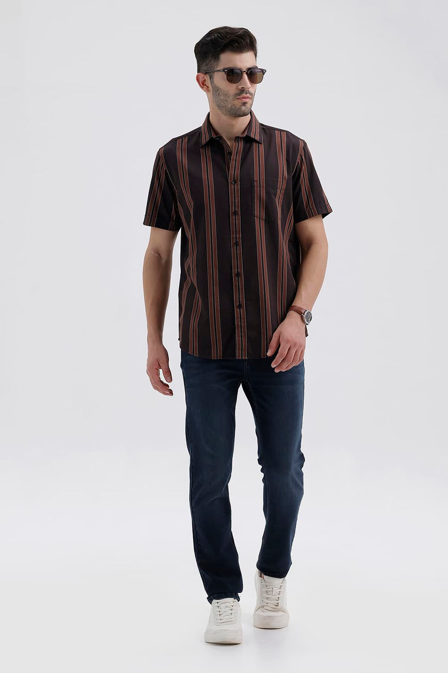 BASICS SLIM FIT MULCH BROWN COTTON TWILL STRIPE HALFSLEEVES SHIRT