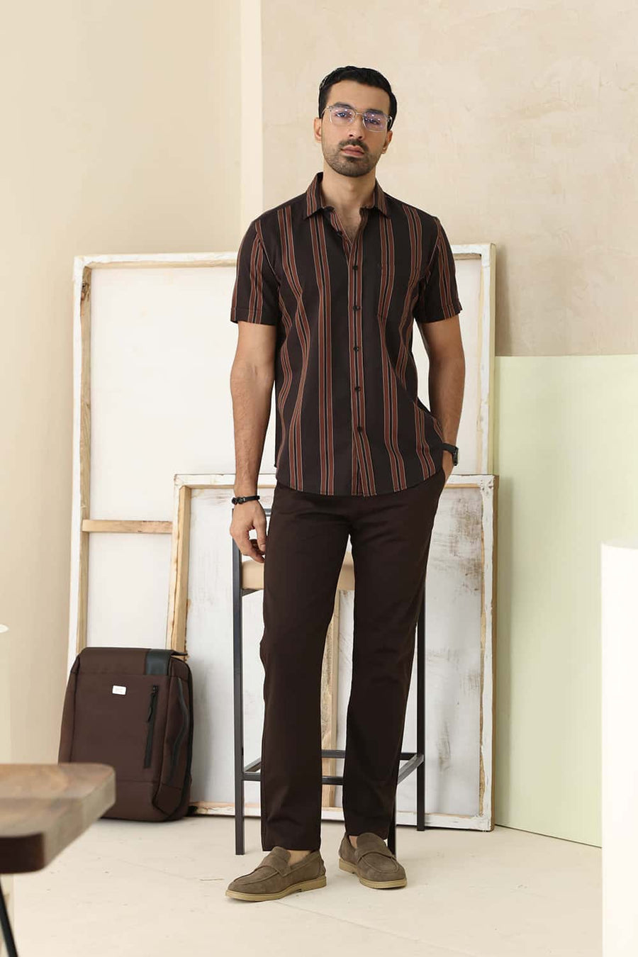 Basics Slim Fit Mulch Brown Cotton Twill Stripe Halfsleeves Shirt