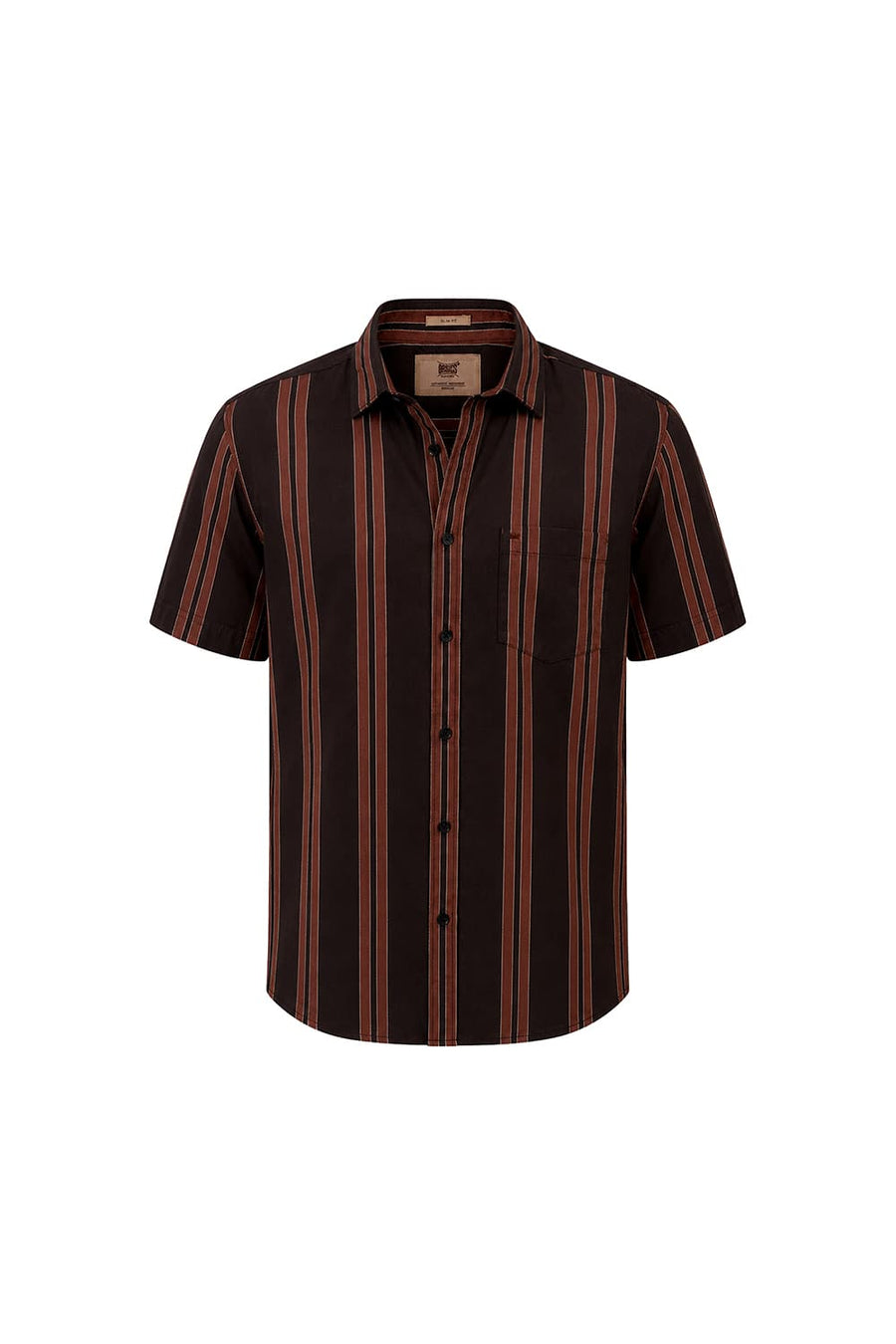 BASICS SLIM FIT MULCH BROWN COTTON TWILL STRIPE HALFSLEEVES SHIRT