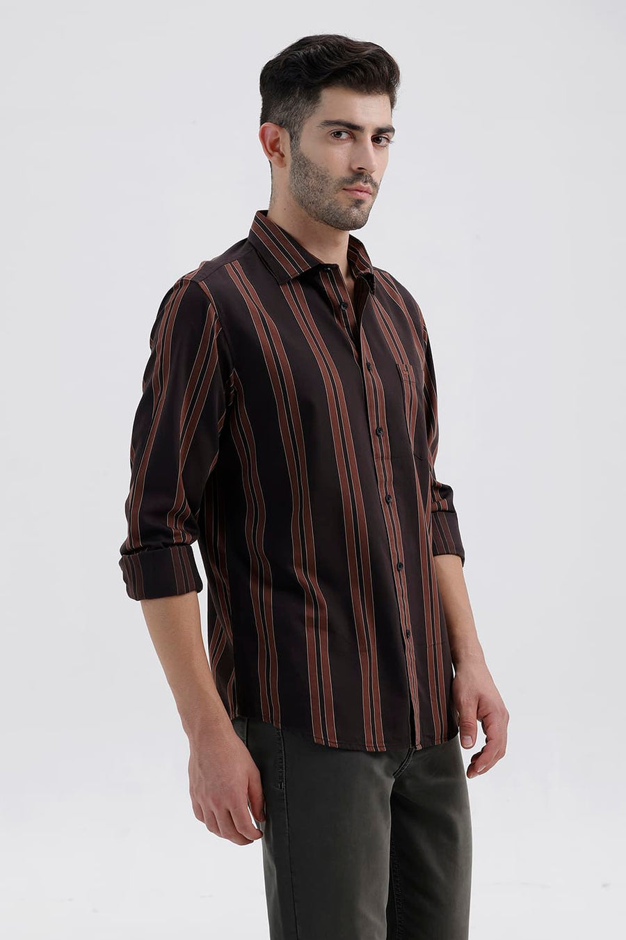 BASICS SLIM FIT MULCH BROWN COTTON TWILL STRIPE SHIRT