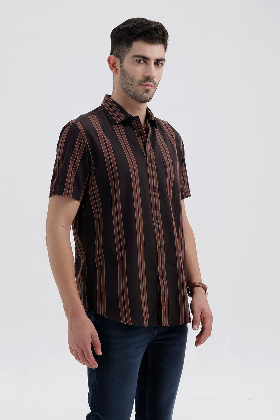 BASICS SLIM FIT MULCH BROWN COTTON TWILL STRIPE HALFSLEEVES SHIRT