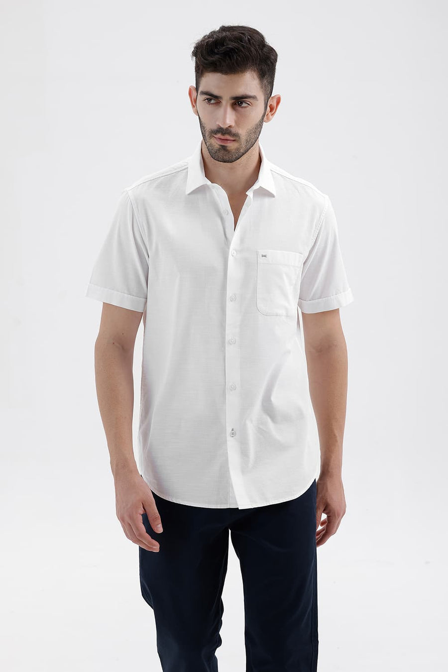 BASICS SLIM FIT STALACTITE WHITE COTTON SLUB DOBBY HALFSLEEVES SHIRT