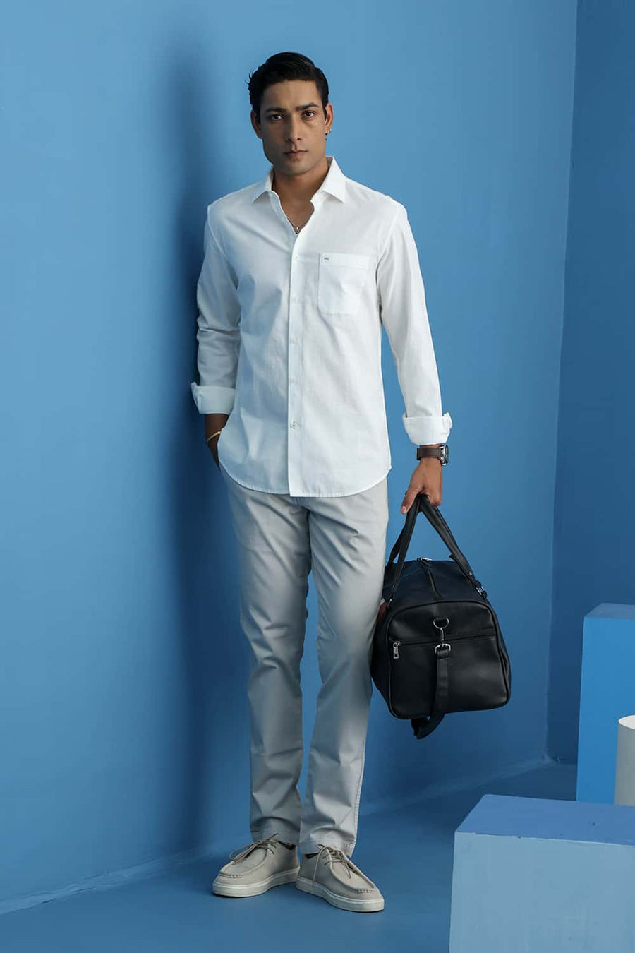 Basics Slim Fit Stalactite White Cotton Slub Dobby Shirt