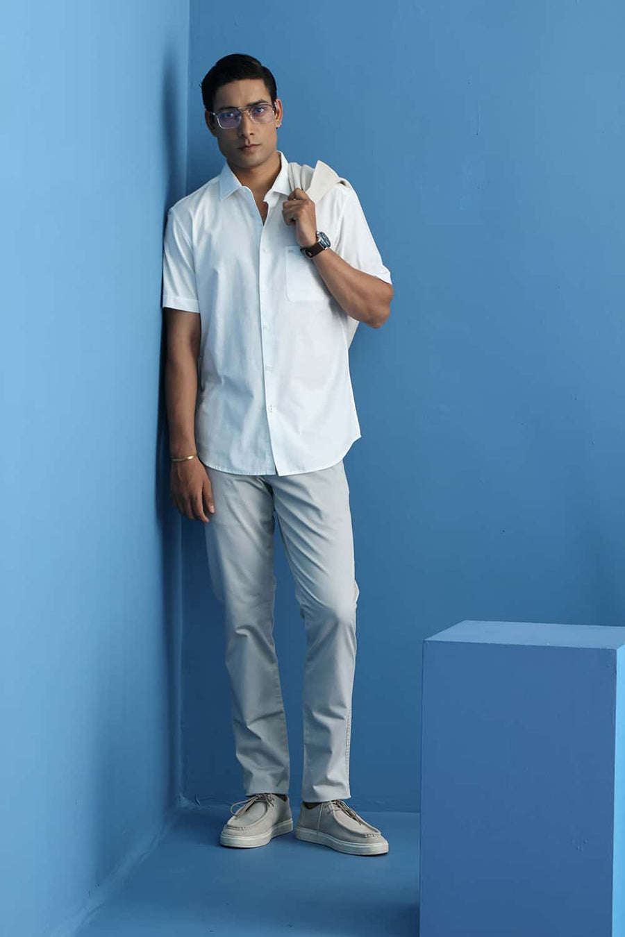 Basics Slim Fit Stalactite White Cotton Slub Dobby Halfsleeves Shirt