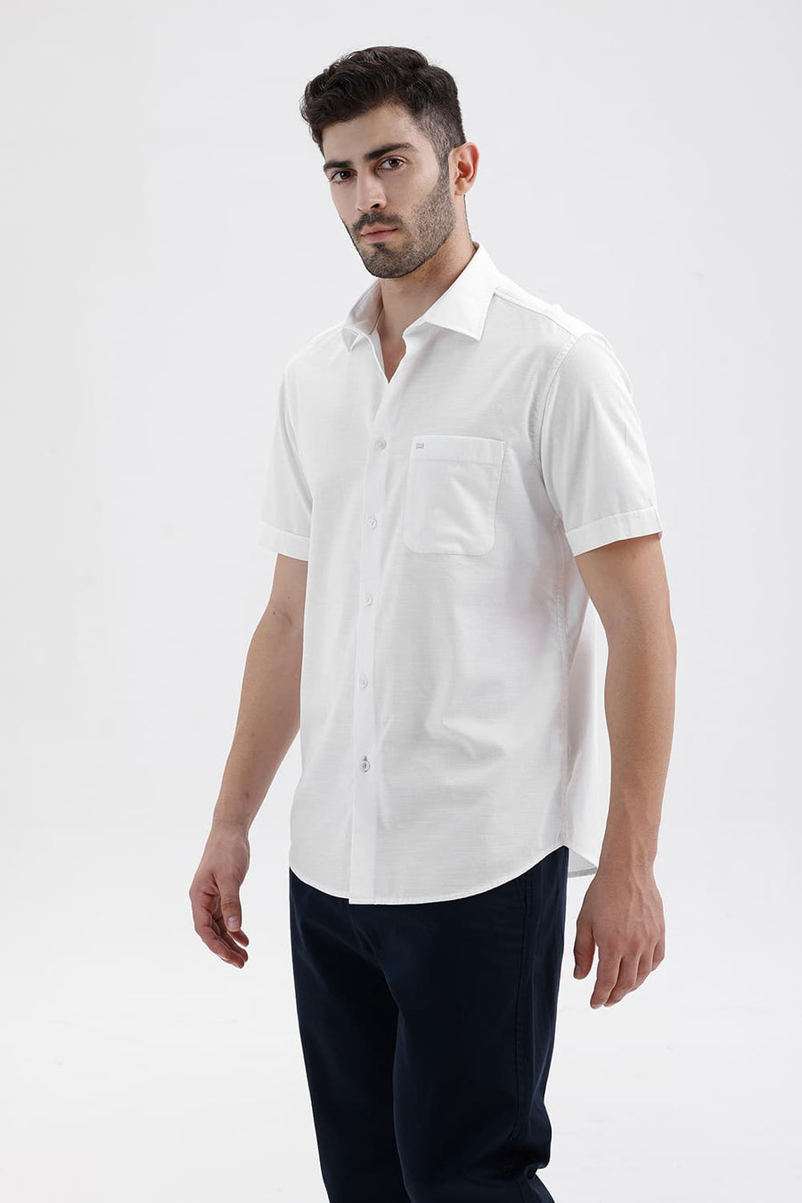 BASICS SLIM FIT STALACTITE WHITE COTTON SLUB DOBBY HALFSLEEVES SHIRT